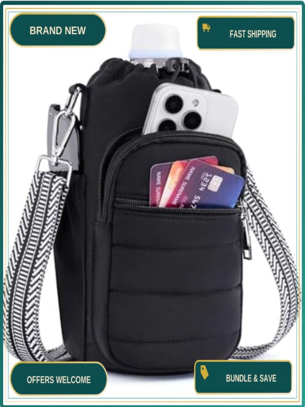 Insulated Water Bottle Crossbody Bag Fits 40 oz Adjustable Strap